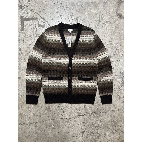 J.Crew Wool Fair Isle Cardigan Sweater. Chocolate‎ Forest Brown. Men’s S NWT. - Picture 1 of 10
